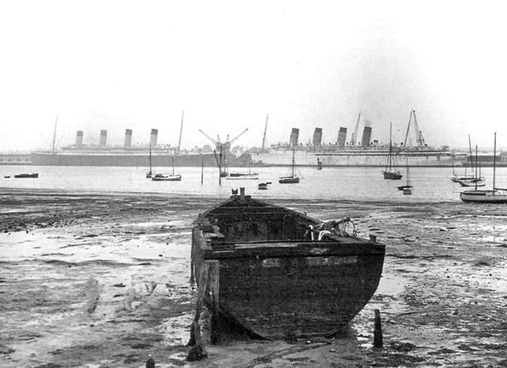 Historic Photo: Two great liners, Olympic and Mauretania, about to die.