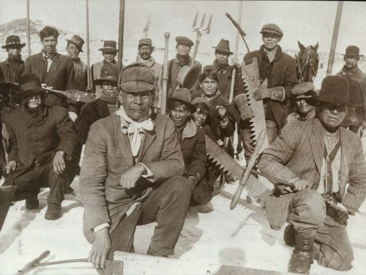 Historic Photo: Native American ice-cutting crew in winter, 1880s.