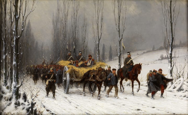 Historic Painting: “Prussian Troops with French Prisoners” by Christian Sell, 1875.